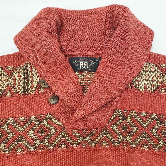 RRL Ralph Lauren Red Intarsia Knit Linen 1930's Blanket Shawl Collar Sweater M - Picture 2 of 10